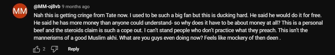 A user states that this declaration of fight seems cringe from Andrew Tate (TK Talks/YouTube)