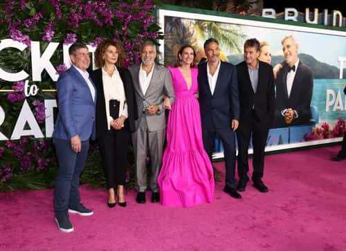 (L-R) Jeff Shell, CEO, NBCUniversal, Donna Langley, Chairman, Universal Filmed Entertainment Group, George Clooney, Julia Roberts, Ol Parker, and Tim Bevan attend the premiere of Universal Pictures'