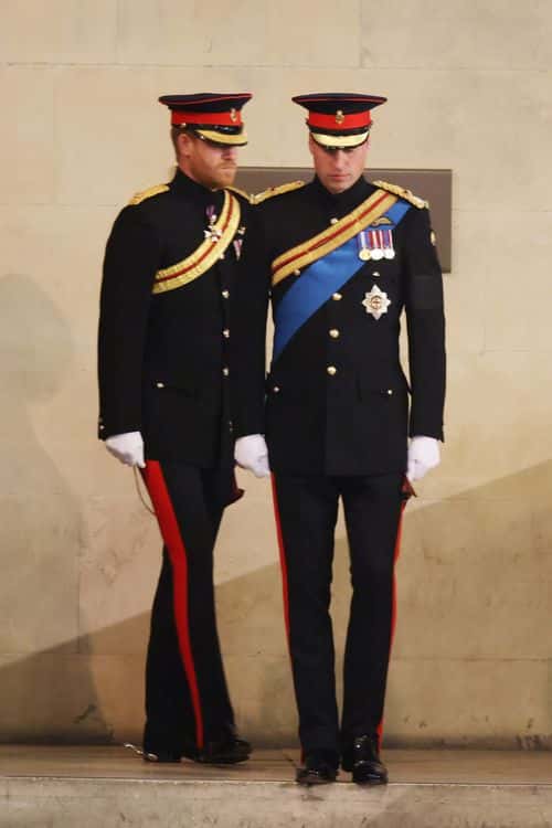 Prince William, Prince of Wales, Prince Harry, Duke of Sussex arrive to hold a vigil in honour of Queen Elizabeth II at Westminster Hall on September 17, 2022 in London, England. Queen Elizabeth II's grandchildren mount a family vigil over her coffin lying in state in Westminster Hall. Queen Elizabeth II died at Balmoral Castle in Scotland on September 8, 2022, and is succeeded by her eldest son, King Charles III.