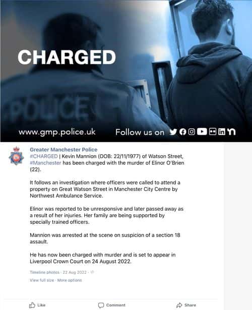 Facebook post by Greater Manchester Police about Mannion's arrest (Facebook)