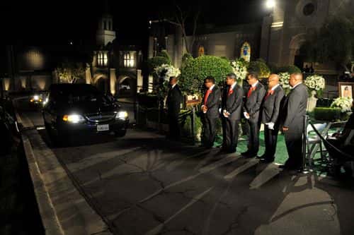 In this handout photo provided by Harrison Funk/The Jackson Family, Tito Jackson, Jermaine Jackson, Jackie Jackson and Randy Jackson attend Michael Jackson's funeral service held at Glendale Forest Lawn Memorial Park on September 3, 2009 in Glendale, California. Jackson, 50, the king of pop, died at UCLA Medical Center after going into cardiac arrest at his rented home on June 25, 2009 in Los Angeles, California.