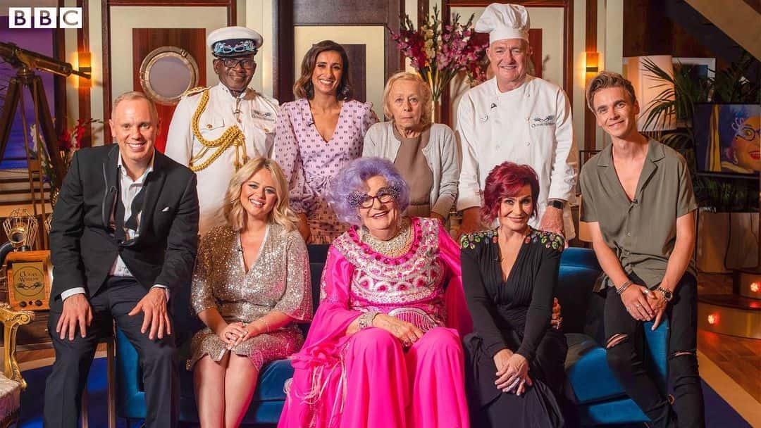 Dame Edna hosts an exclusive evening with guests Sharon Osbourne, Rob Rinder, Emily Atack, Joe Sugg and music from the legendary Nile Rodgers on the DameEdnaRulesTheWaves on (dameednaeverage/Instagram)
