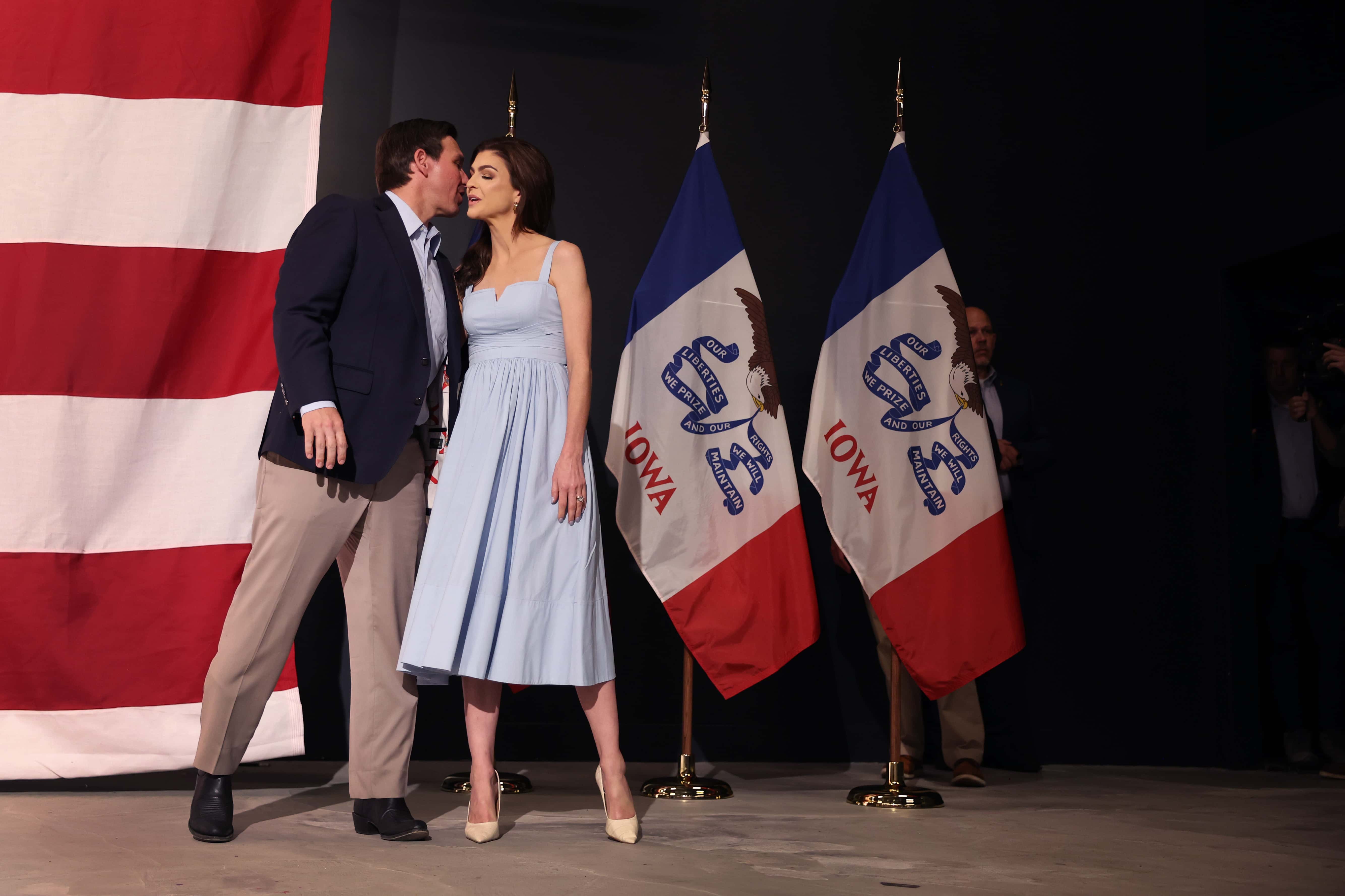 Republican presidential candidate Ron DeSantis and wife Casey DeSantis arrive for a campaign event at Eternity Church on May 30, 2023, in Clive, Iowa. (Photo by Scott Olson/Getty Images)