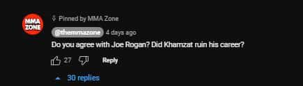 YouTube channel MMA Zone posted a question in the comment section involving Joe Rogan and Khamzat (@mmazone, YouTube)