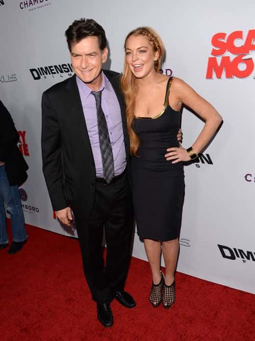 Actors Charlie Sheen (L) and Lindsay Lohan arrive at the Dimension Films' 