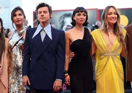 (L-R) Gemma Chan, Harry Styles, Sydney Chandler and director Olivia Wilde attend the