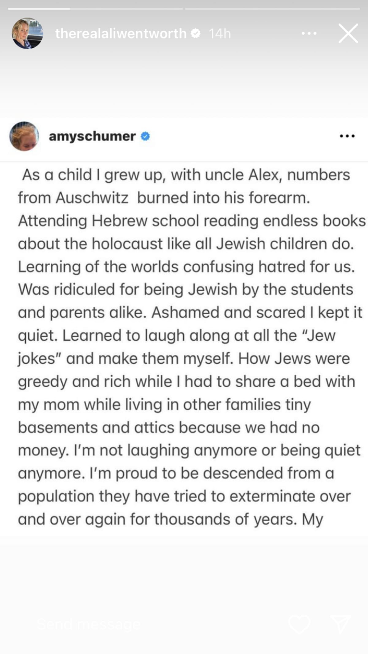 Ali Wentworth shared Amy Schumer's message on the Israel-Hamas war (@therealaliwentworth/Instagram)