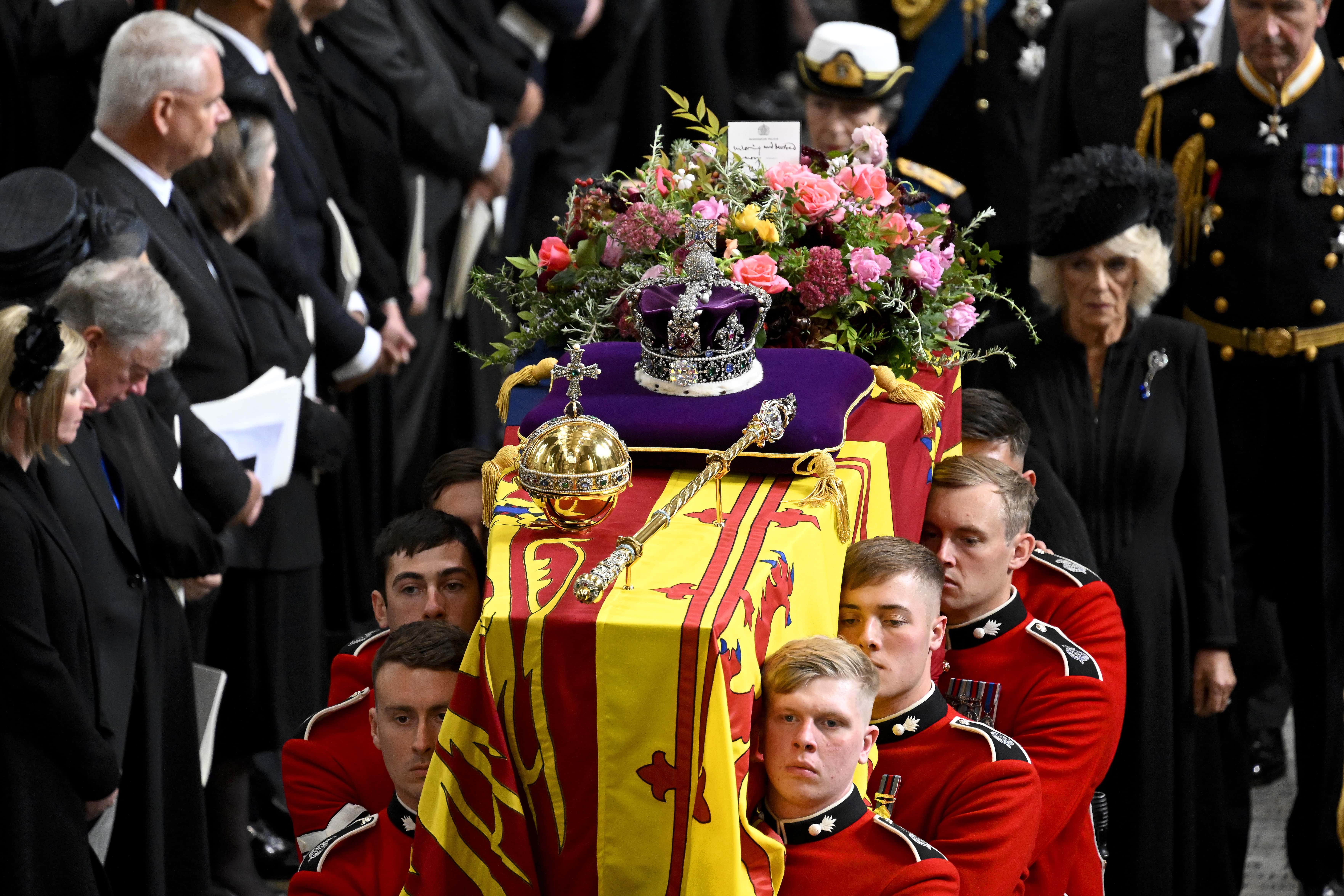 Anne, Princess Royal, and Camilla, Queen Consort walk alongside the coffin carrying Queen Elizabeth II with the Imperial State Crown resting on top as it departs Westminster Abbey during the State Funeral of Queen Elizabeth II on September 19, 2022 in London, England. Elizabeth Alexandra Mary Windsor was born in Bruton Street, Mayfair, London on 21 April 1926. She married Prince Philip in 1947 and ascended the throne of the United Kingdom and Commonwealth on 6 February 1952 after the death of her Father, King George VI. Queen Elizabeth II died at Balmoral Castle in Scotland on September 8, 2022, and is succeeded by her eldest son, King Charles III.