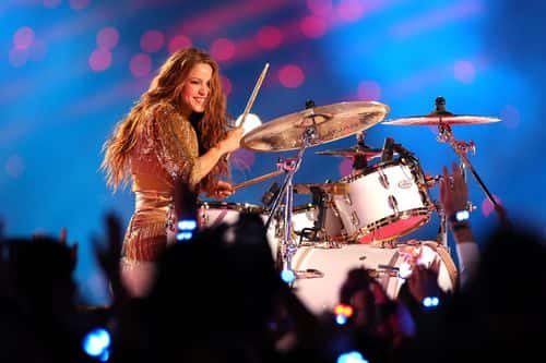 Colombian singer Shakira plays the drums during the Pepsi Super Bowl LIV Halftime Show at Hard Rock Stadium on February 02, 2020 in Miami, Florida. (Photo by Maddie Meyer/Getty Images)