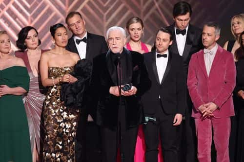 (L-R) J. Smith-Cameron, Dagmara Dominczyk, Jihae, Scott Nicholson, Dasha Nekrasova, Brian Cox, Kieran Culkin, Nicholas Braun, Jeremy Strong and Justine Lupe accept the award for Outstanding Performance by an Ensemble in a Drama Series for 'Succession' onstage during the 28th Annual Screen Actors&nbsp;Guild Awards at Barker Hangar on February 27, 2022 in Santa Monica, California.