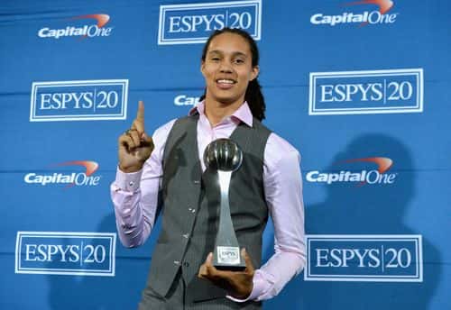 College basketball player Brittney Griner poses with the Best Female Athlete Award in the press room during the 2012 ESPY Awards at Nokia Theatre L.A. Live on July 11, 2012 in Los Angeles, California. (Photo by Frazer Harrison/Getty Images)