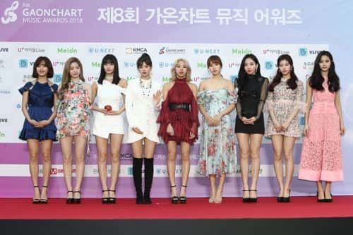 Girl group TWICE attends the 8th Gaon Chart K-Pop Awards on January 23, 2019 in Seoul, South Korea.
