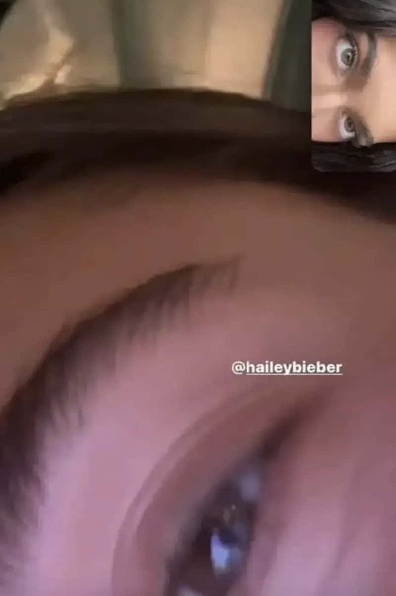 Kylie Jenner posted a screenshot of a FaceTime call with Hailey, showing a close-up of both of their eyebrows, hinting at a dig at Selena (@kyliejenner/Instagram)