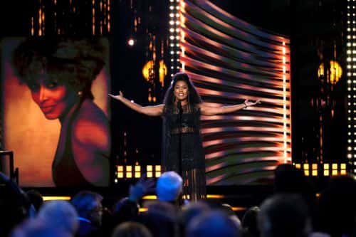 Angela Bassett inducts Tina Turner onstage during the 36th Annual Rock & Roll Hall Of Fame Induction Ceremony at Rocket Mortgage Fieldhouse on October 30, 2021 in Cleveland, Ohio.