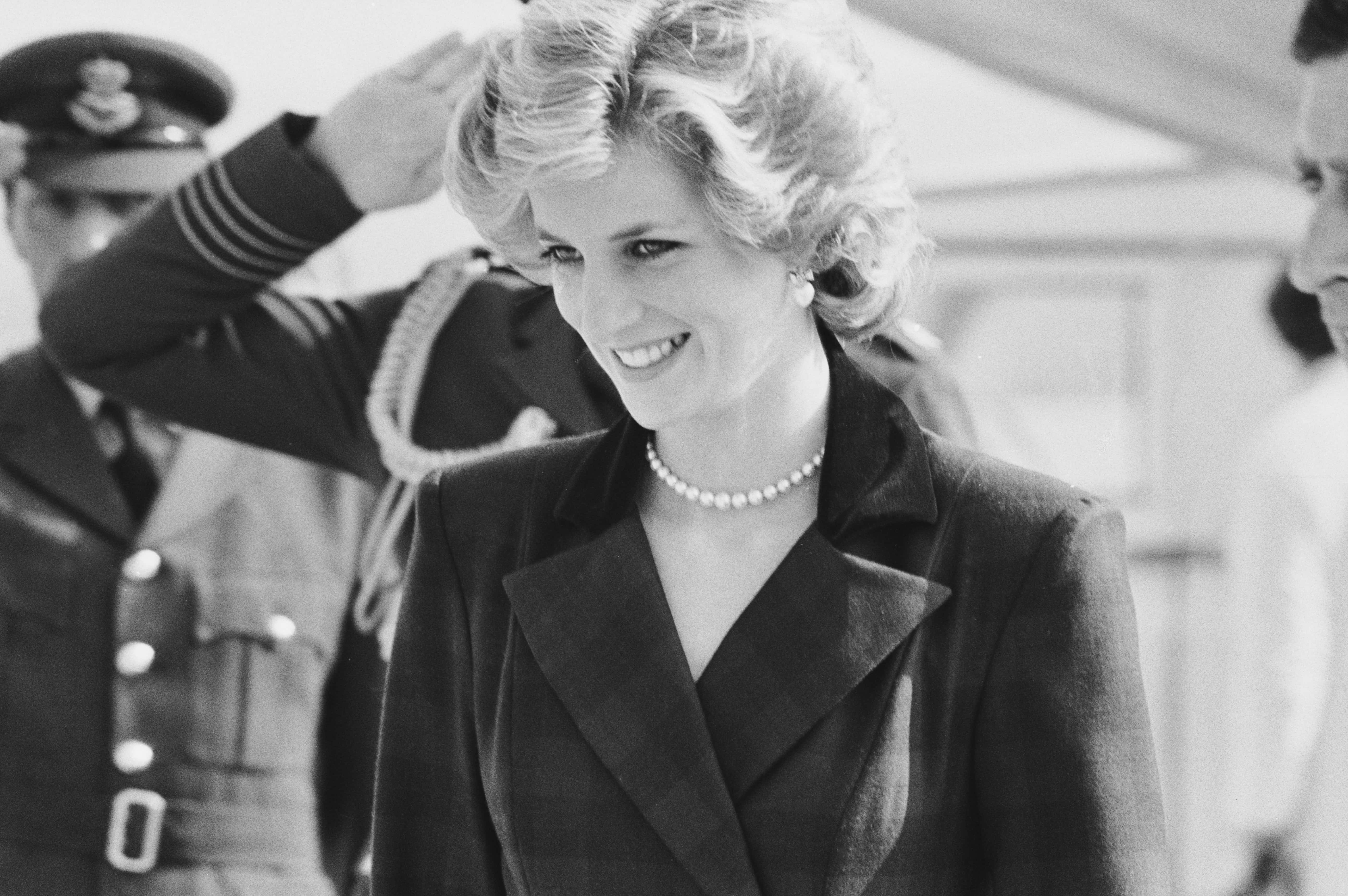 British royal Diana, Princess of Wales (1961-1997), wearing an outfit designed by Catherine Walker, with pearl earrings and a pearl necklace, 19th April 1985. (Photo by Daily Express/Hulton Archive/Getty Images)