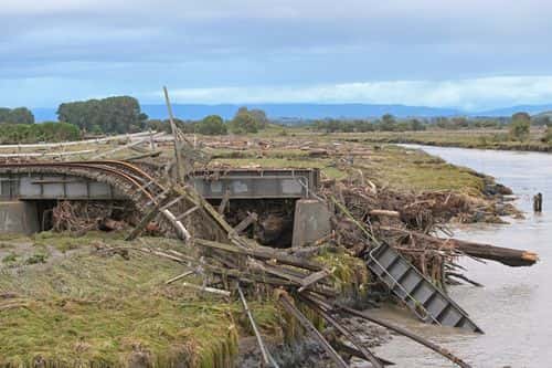 Damage to the railway line at Awatoto is seen on February 16, 2023 in Napier, New Zealand. Cyclone Gabrielle has caused widespread destruction across New Zealand's North Island with towns cut off and thousands without power. (Photo by Kerry Marshall/Getty Images)