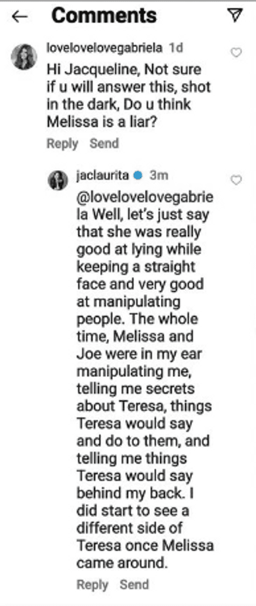 Jacqueline Laurita's response to a fan (Intagram/@lovelovelovegabriela)