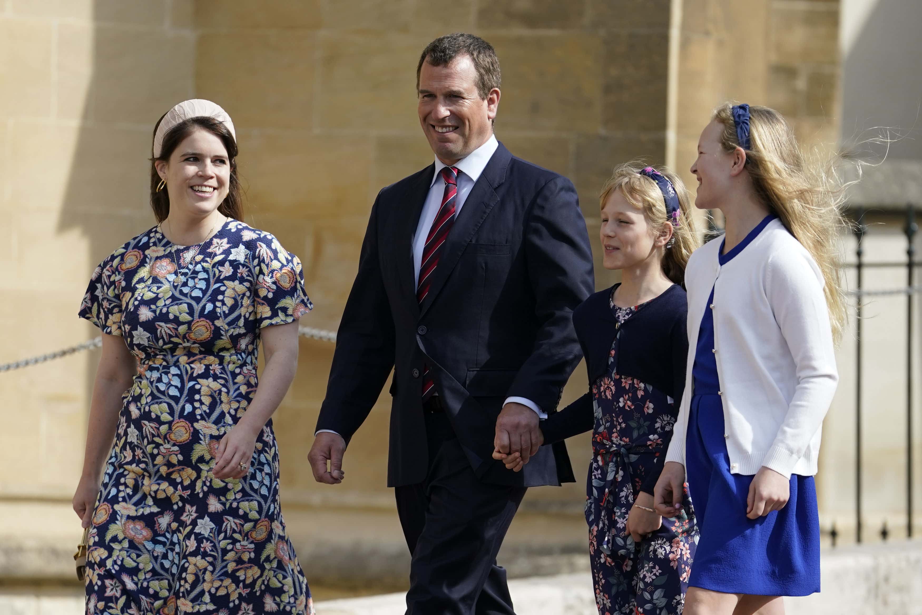 Princess Eugenie, Peter Philips and his daughters Isla Philips and Savannah Philips attend the Easter Matins Service at St George's Chapel at Windsor Castle on April 17, 2022 in Windsor, England.