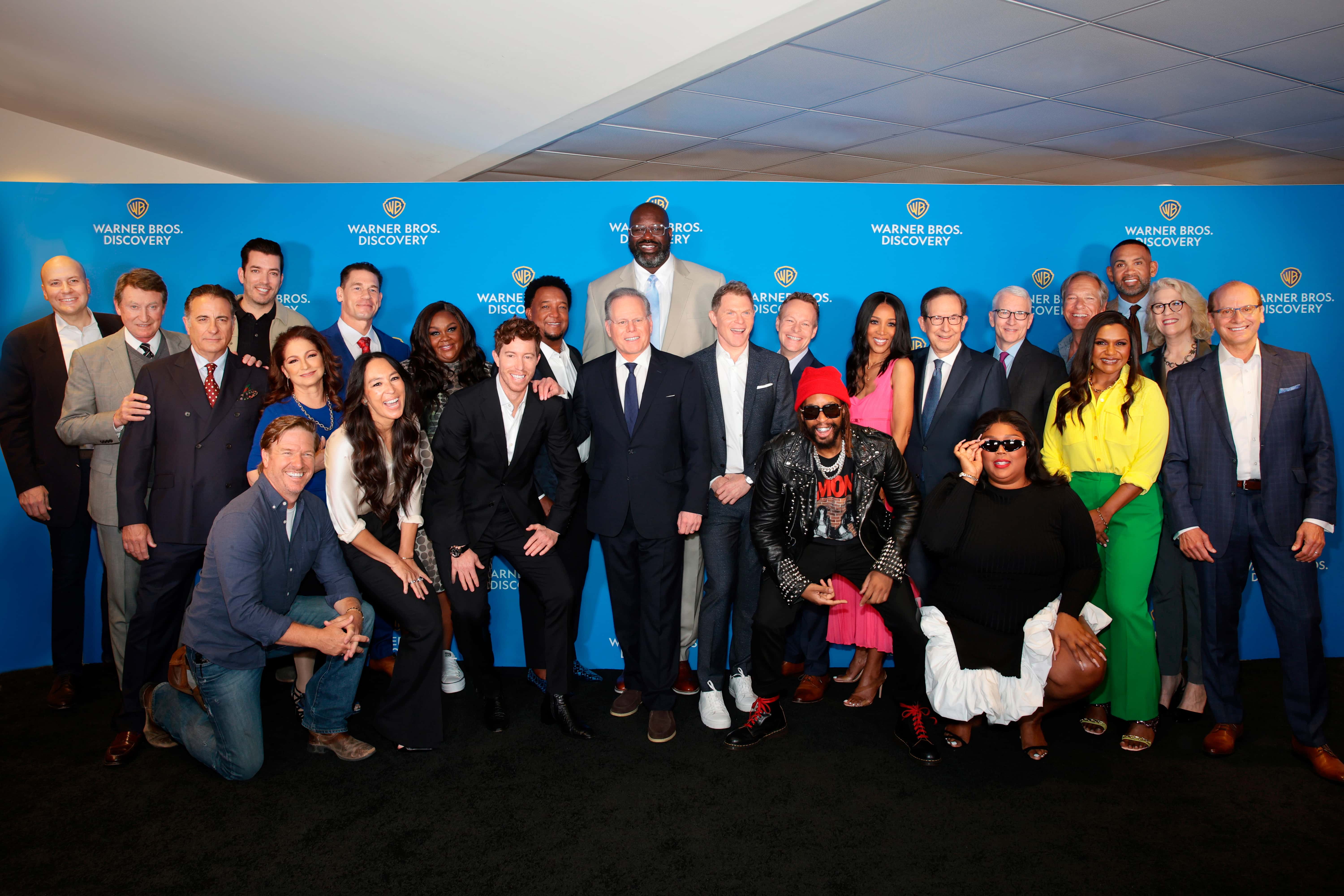 (EDITORS NOTE: This image has been retouched at the request of Warner Bros. Discovery.) David Zaslav, CEO, Warner Bros. Discovery with Warner Bros. Discovery executives and talent during the Warner Bros. Discovery Upfront 2022 arrivals on the red carpet at The Theater at Madison Square Garden on May 18, 2022 in New York City.
