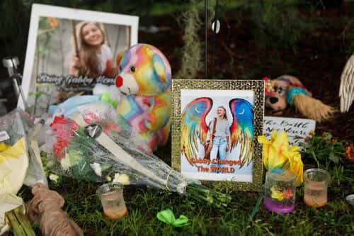 A makeshift memorial dedicated to Gabby Petito is located near the North Port City Hall on September 21, 2021 in North Port, Florida. The body of Petito was found by authorities in Wyoming, where she went missing while on a cross-country trip with her fiance, Brian Laundrie. Law enforcement agencies are for searching for his whereabouts.