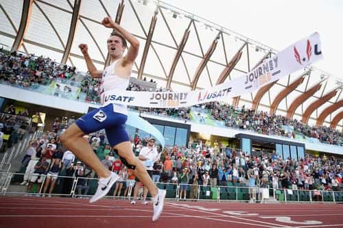 Kenneth Rooks breaks the tape to win the Men's 3000m Steeplechase Final during the 2023 USATF Outdoor Championships at Hayward Field on July 08, 2023 in Eugene, Oregon.