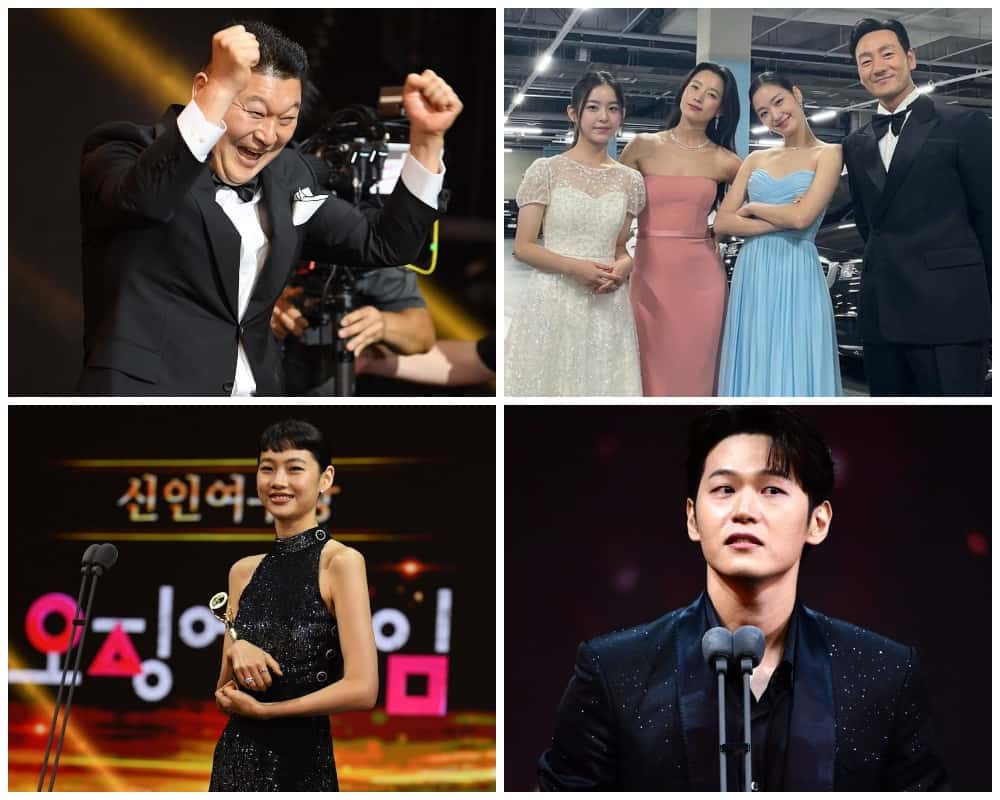 Kang Ho-dong, Park Ji-hoo, Han Hyo-joo, Kim Go-eun, Park Hae-soo, HoYeon Jung and Lee Hak-joo at the award show (Sports Chosun/Naver, @03_hu/Instagram)