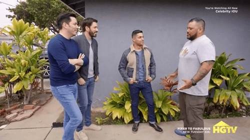 Jonathan Scott, Drew Scott, Wilmer Valderrama and Tadao Salima on 'Celebrity IOU' Season 4 Part 2 (HGTV)