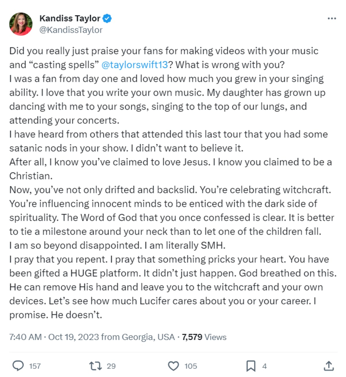 Kandiss Taylor blamed Taylor Swift for promoting witchcraft in her Eras Tour Concert (@KandissTaylor/X)
