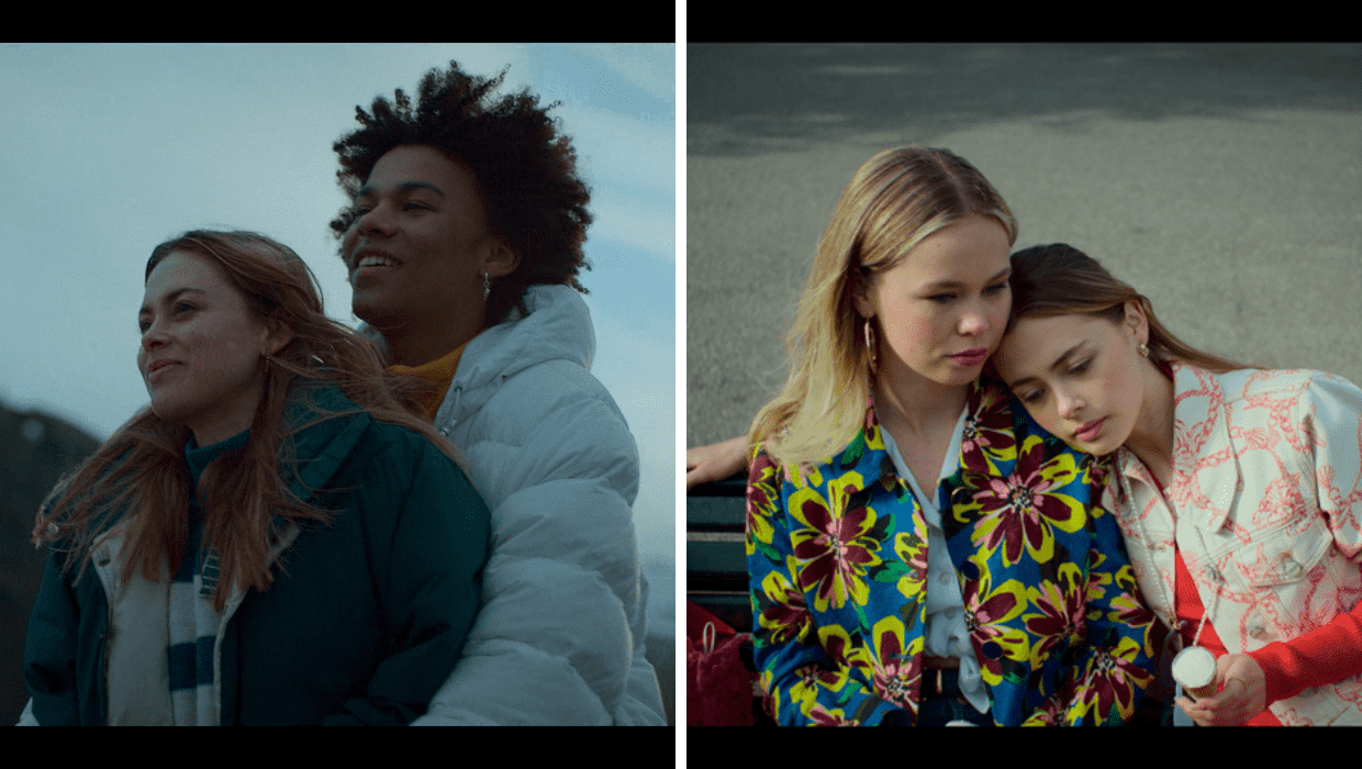 A Still from Netflix 'Royalteen: Princess Margrethe' starring Elli Muller Osborne as Princess Margrethe, Filip Bargee Ramberg as Arnie, and Amalie Sporsheim as Ingrid (Netflix)