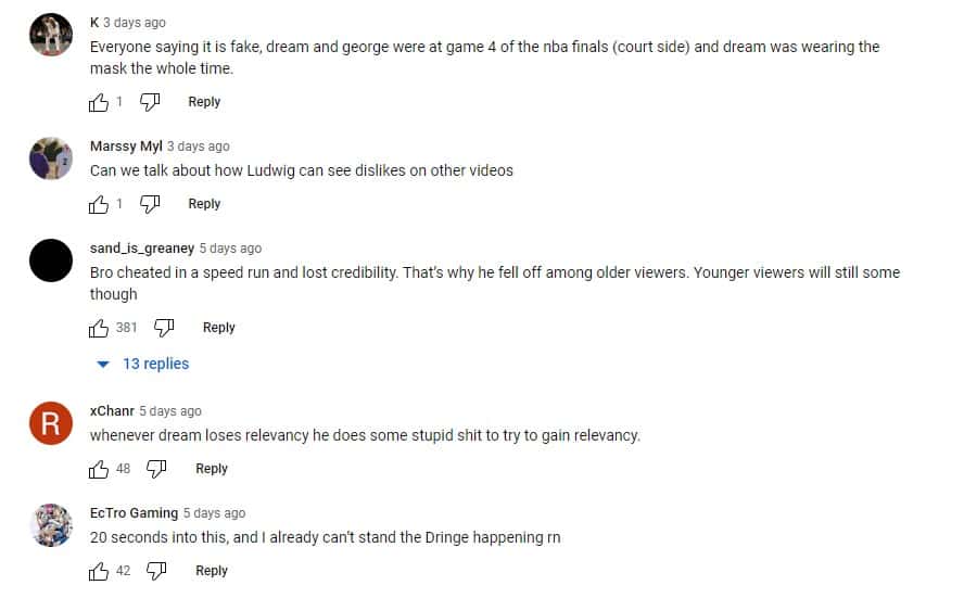 Comments left on Ludwig (Ludwig clips/YouTube)