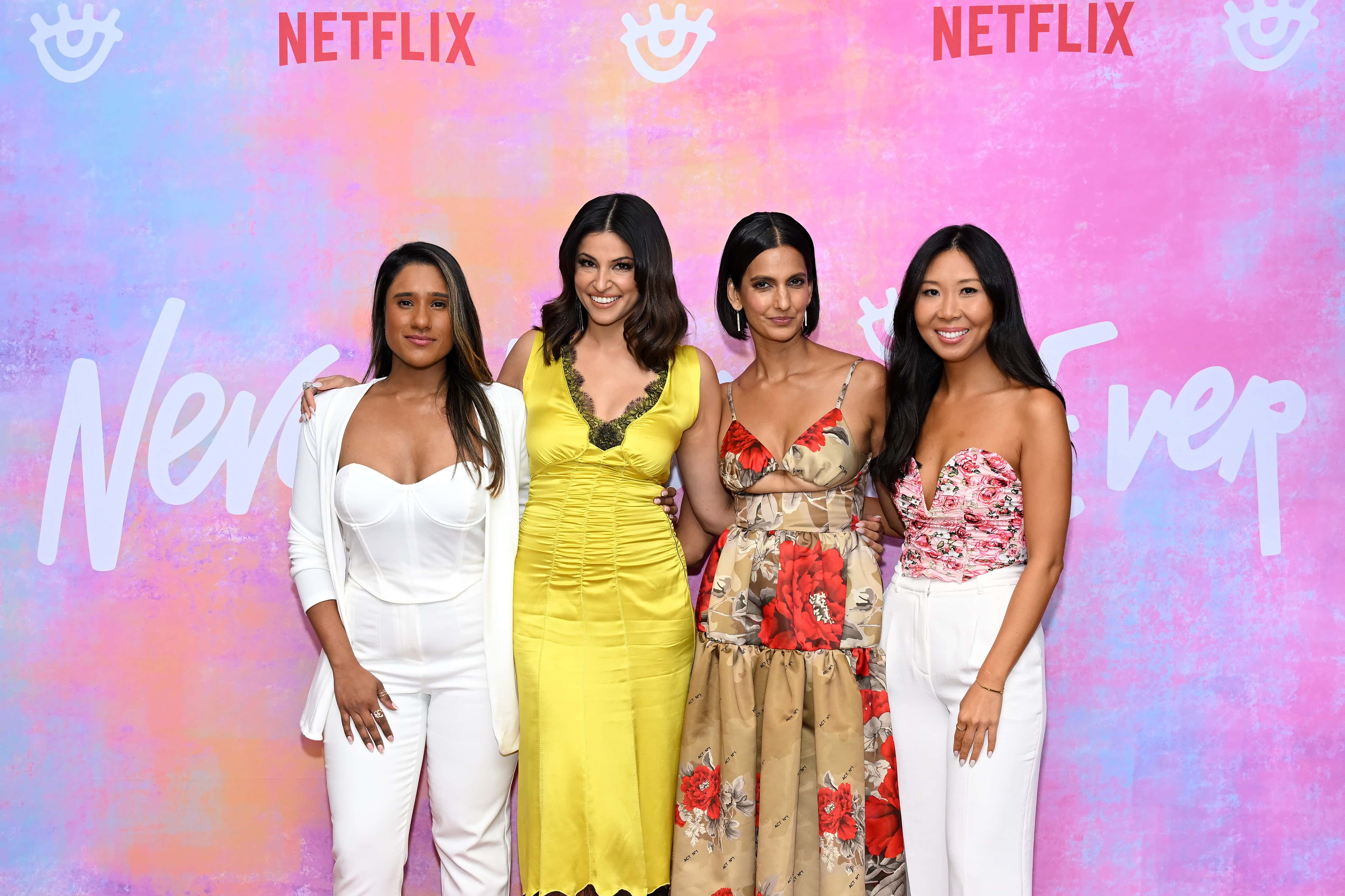 (L-R) Deepti Vempati, Richa Moorjani, Poorna Jagannathan, and Natalie Lee attend the Never Have I Ever Chicago Fan Screening at The Davis Theater on August 09, 2022 in Chicago, Illinois.