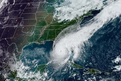 In this NOAA handout image taken by the GOES satellite at 13:26 UTC, Hurricane Ian moves toward Florida on September 28, 2022 in the Gulf of Mexico. The storm is expected to bring a potentially life-threatening storm surge and hurricane-force winds.
