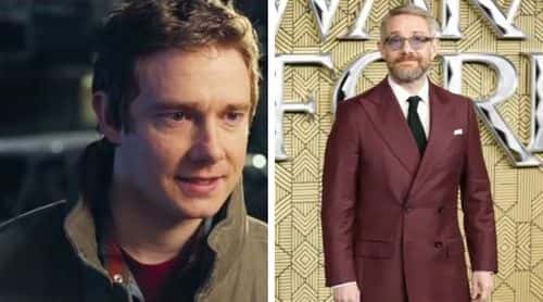 Martin Freeman in ‘Love Actually’ in 2003 (IMDb) and the actor at the ‘Black Panther: Wakanda Forever’ European Premiere on November 03, 2022 in London, England. (Photo by John Phillips/Getty Images)