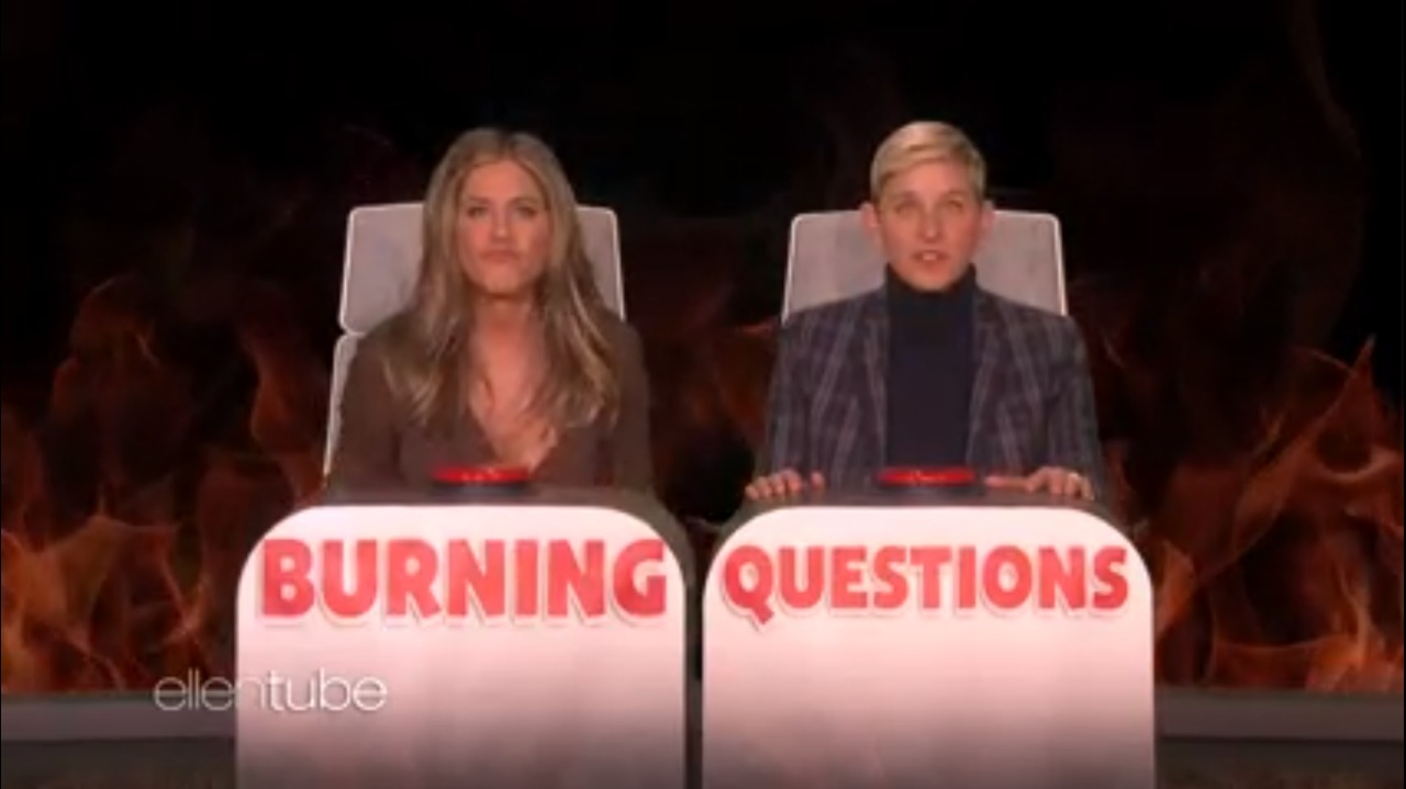 Usually, for the  Q-and-A game, celebrity guests are asked to sit down with Ellen and the two have to give an honest answer and then hit a big red button kept right in front of them. (Source: YouTube)