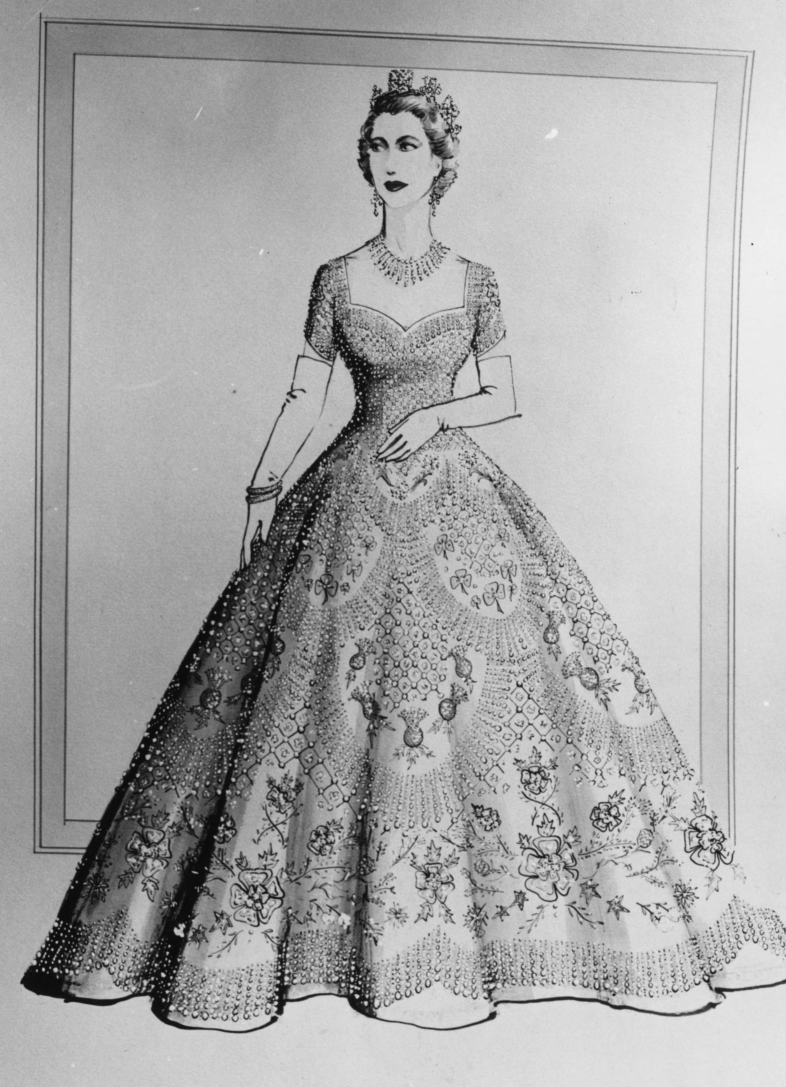 Norman Hartnell design of Queen Elizabeth's dress for the Coronation ceremony. Original Publication: Picture Post - 6540 - Under The Red Robe - pub. 1953