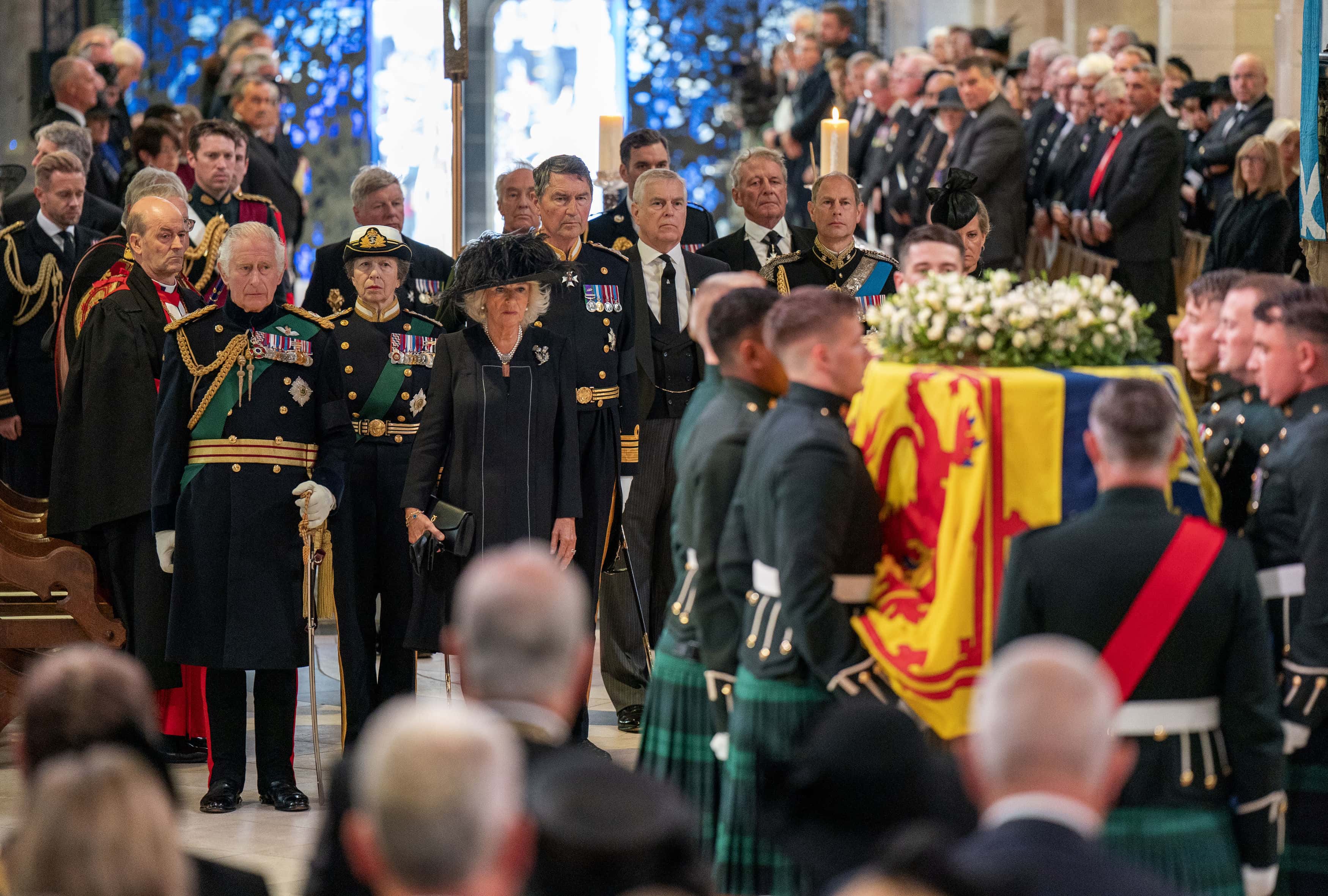 (R-L) Sophie, Countess of Wessex, Edward, Earl of Wessex, Prince Andrew, Duke of York, Vice Admiral Timothy Laurence, Camilla, Queen Consort, Princess Anne, Princess Royal and King Charles III attend a Service of Prayer and Reflection for the Life of Queen Elizabeth II at St Giles' Cathedral, on September 12, 2022 in Edinburgh, Scotland.