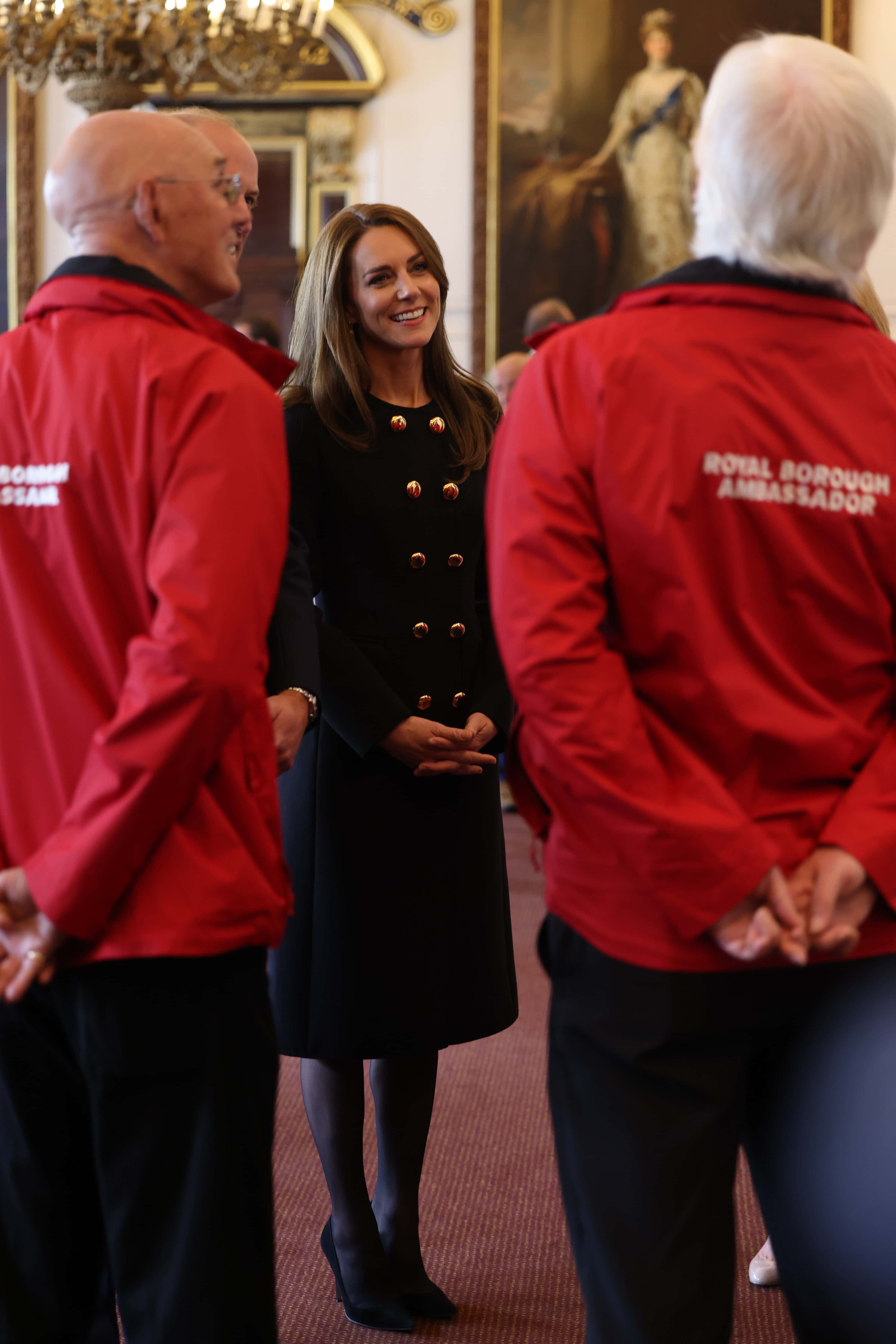 Prince William, Prince of Wales and Catherine, Princess of Wales visit the Windsor Guildhall to thank volunteers and operational staff involved in her Majesty Queen Elizabeth II's funeral on September 22, 2022 in Windsor, United Kingdom.
