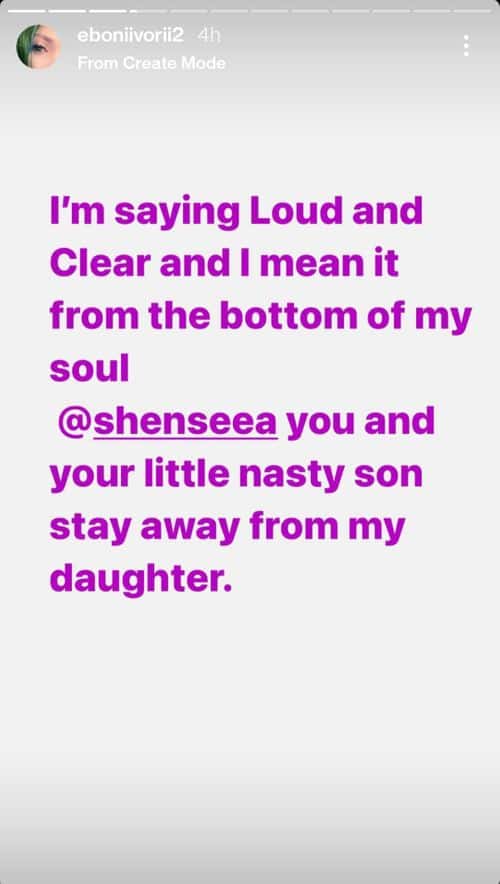Eboni Ivori's story on Instagram accusing Shenseea and her son of