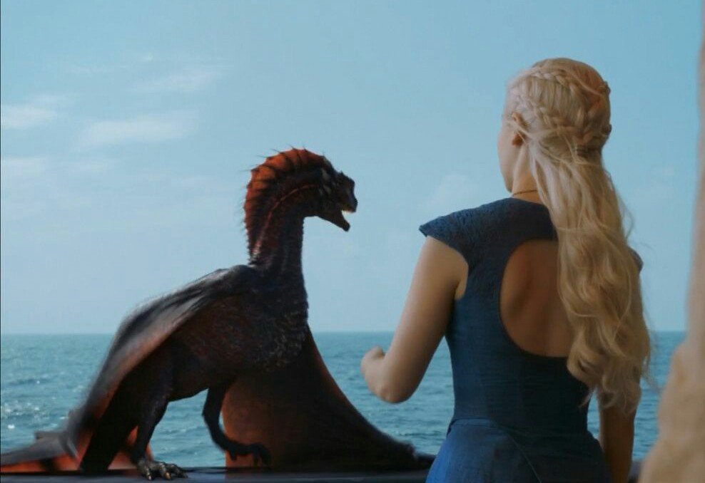 Daenerys (Emilia Clarke) with baby Drogon. Source: IMDB