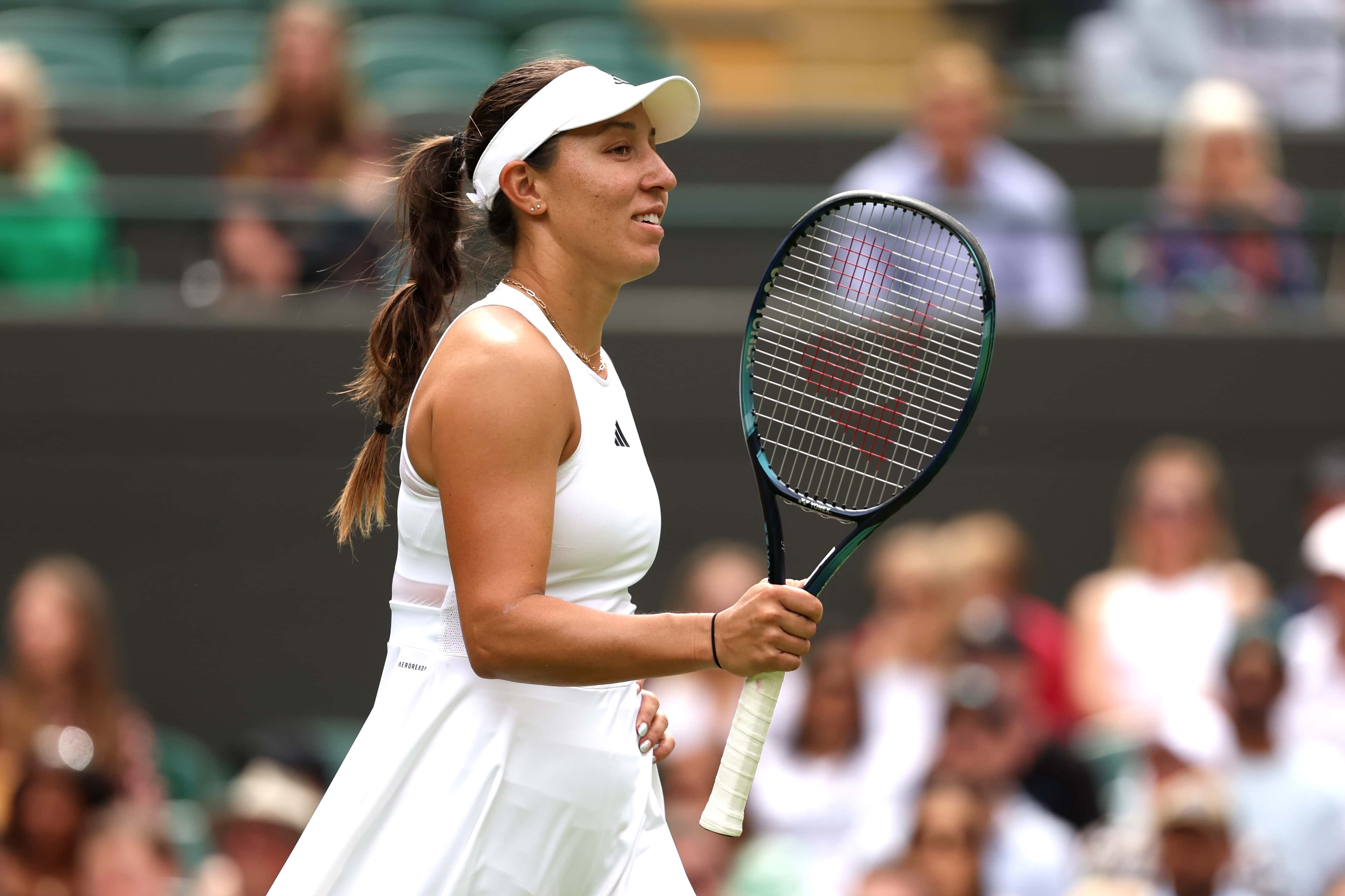 LONDON, ENGLAND - JULY 09: Jessica Pegula of United States celebrates winning match point against Lesia Tsurenko of Ukraine in the Women's Singles fourth round match during day seven of The Championships Wimbledon 2023 at All England Lawn Tennis and Croquet Club on July 09, 2023 in London, England. (Photo by Patrick Smith/Getty Images)
