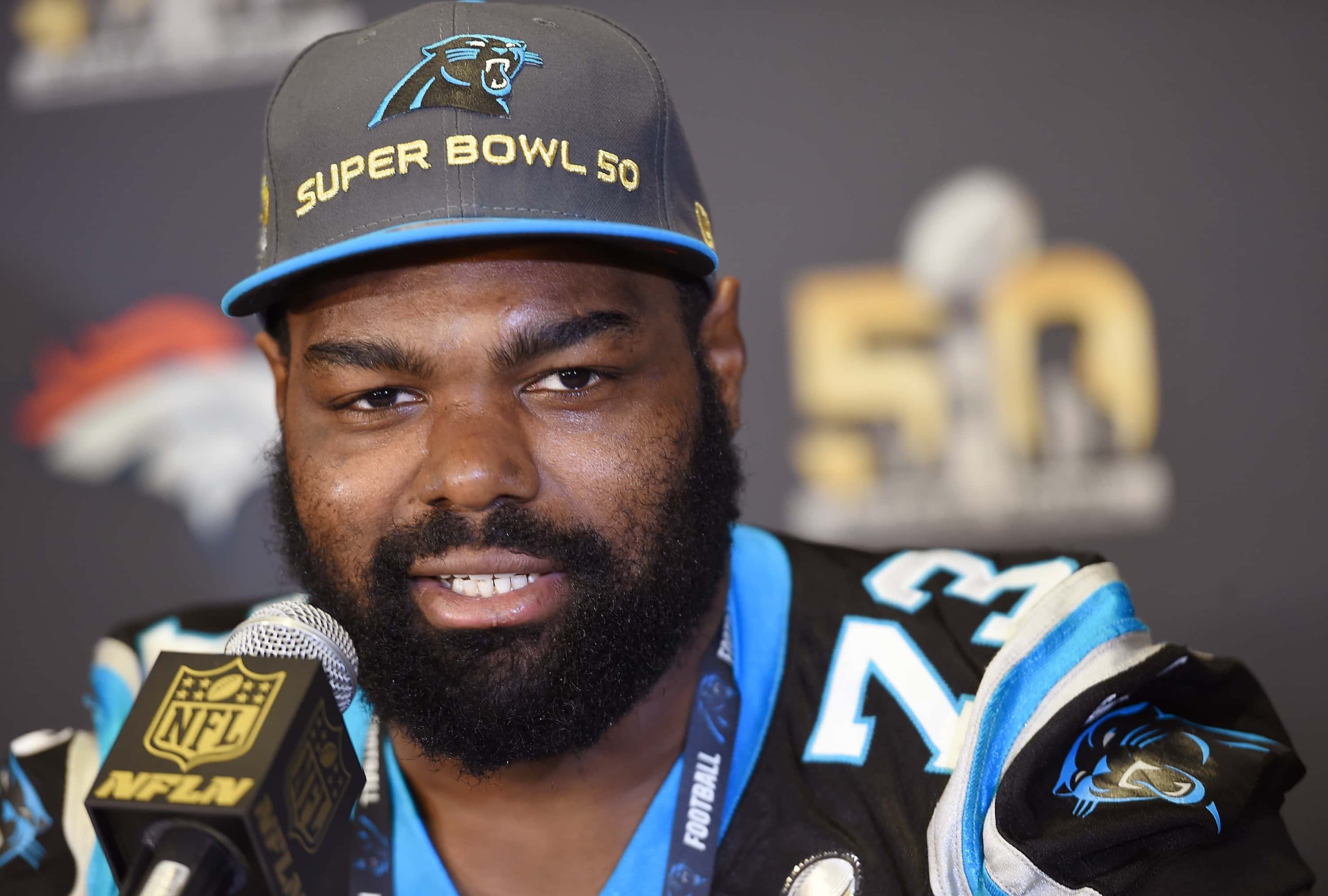 SAN JOSE, CA - FEBRUARY 02:  Tackle Michael Oher #73 of the Carolina Panther addresses the media prior to Super Bowl 50 at the San Jose Convention Center/ San Jose Marriott on February 2, 2016 in San Jose, California.  (Photo by Thearon W. Henderson/Getty Images)