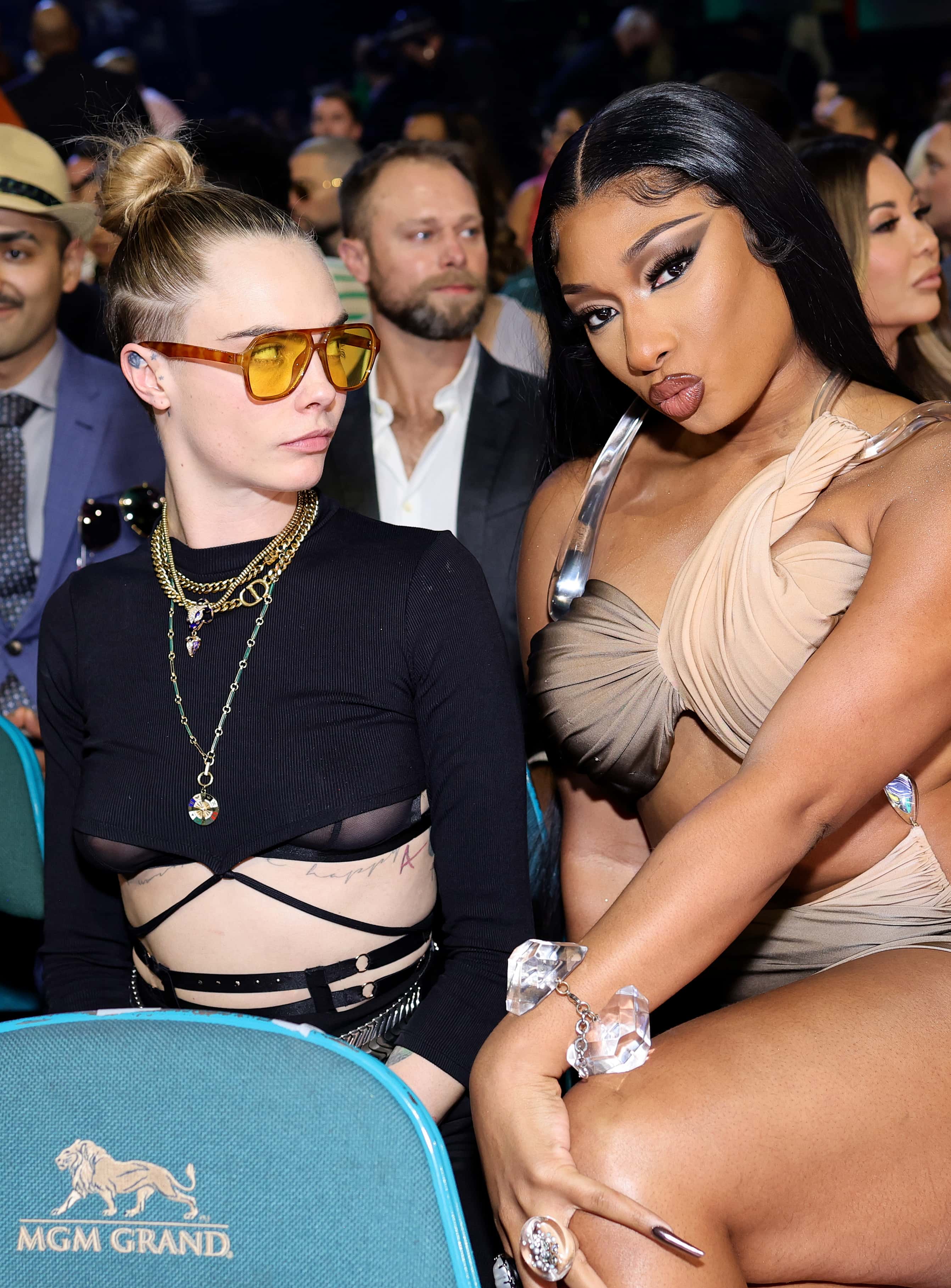 (L-R) Cara Delevingne and Megan Thee Stallion attend the 2022 Billboard Music Awards at MGM Grand Garden Arena on May 15, 2022 in Las Vegas, Nevada.