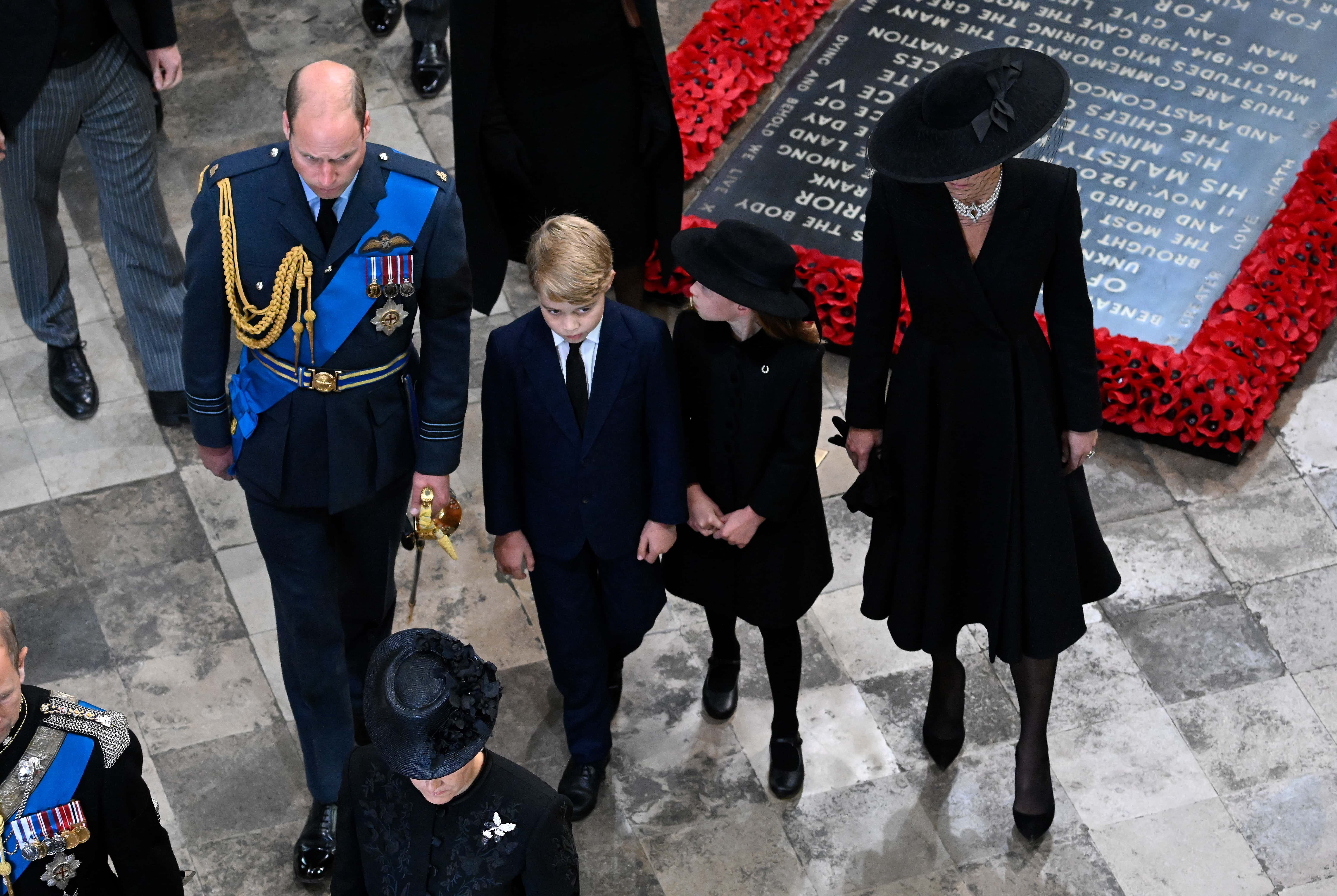 Prince William, Prince of Wales, Prince George, Prince of Wales, Princess Charlotte of Wales and Catherine, Princess of Wales depart Westminster Abbey during the State Funeral of Queen Elizabeth II on September 19, 2022 in London, England. Elizabeth Alexandra Mary Windsor was born in Bruton Street, Mayfair, London on 21 April 1926. She married Prince Philip in 1947 and ascended the throne of the United Kingdom and Commonwealth on 6 February 1952 after the death of her Father, King George VI. Queen Elizabeth II died at Balmoral Castle in Scotland on September 8, 2022, and is succeeded by her eldest son, King Charles III.