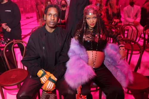 Asap Rocky and Rihanna are seen at the Gucci show during Milan Fashion Week Fall/Winter 2022/23 on February 25, 2022 in Milan, Italy.