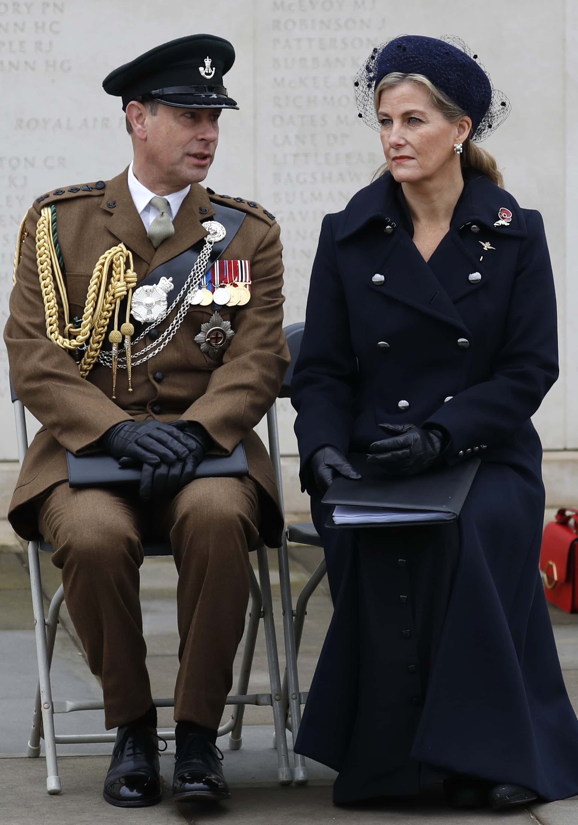 Prince Edward, Earl of Wessex and Sophie, Countess of Wessex attend a service on the Armed Forces Memorial during Armistice Day commemorations at the National Memorial Arboretum on November 11, 2020 in Stafford, England. A small number of visitors were invited to watch in person, however, due to the covid-19 pandemic, the service was also streamed on YouTube and Facebook.