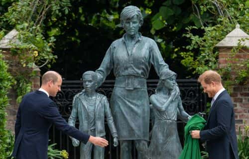 Prince William, Duke of Cambridge and Prince Harry, Duke of Sussex during the unveiling of a statue they commissioned of their mother Diana, Princess of Wales, in the Sunken Garden at Kensington Palace, on what would have been her 60th birthday on July 1, 2021 in London, England. Today would have been the 60th birthday of Princess Diana, who died in 1997. At a ceremony here today, her sons Prince William and Prince Harry, the Duke of Cambridge and the Duke of Sussex respectively, will unveil a statue in her memory.