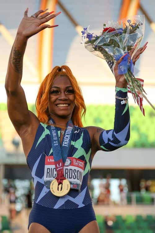 Sha'Carri Richardson looks on after winning the Women's 100 Meter final on day 2 of the 2020 U.S. Olympic Track & Field Team Trials at Hayward Field on June 19, 2021 in Eugene, Oregon.