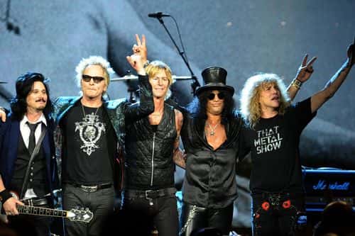 Inductees (L-R) Gilbert Clarke, Matt Sorum, Duff McKagan, Slash and Steven Adler of Guns N' Roses, perform onstage during the 27th Annual Rock And Roll Hall of Fame Induction Ceremony at Public Hall on April 14, 2012 in Cleveland, Ohio.