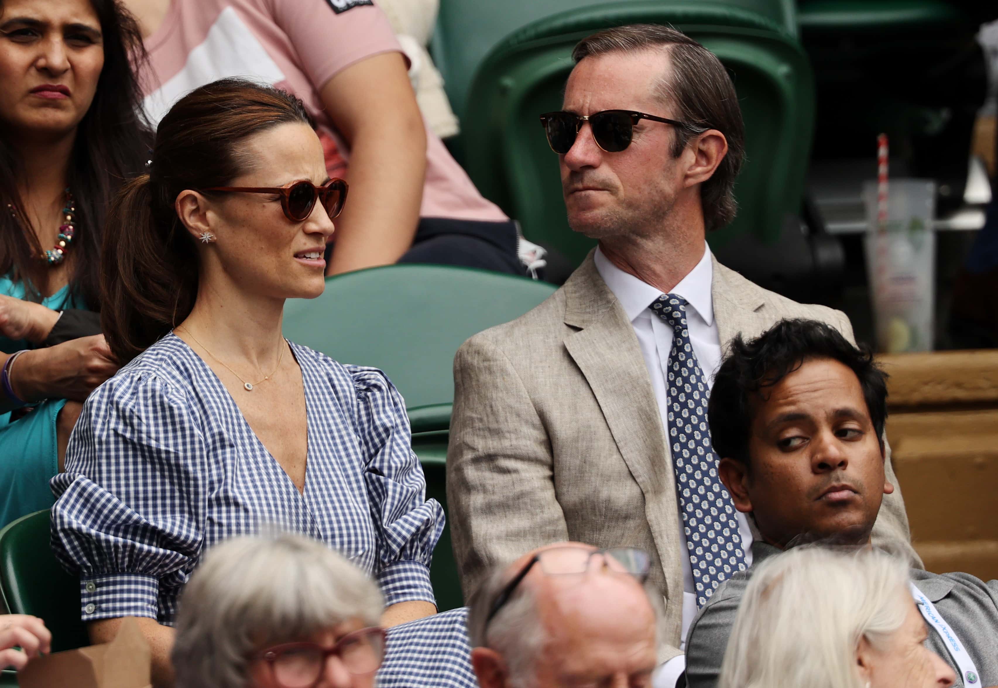 Pippa Middleton and her husband James Matthews look on from the stands during the Men's Singles Semi-Final match between Matteo Berrettini of Italy and Hubert Hurkacz of Poland during Day Eleven of The Championships - Wimbledon 2021 at All England Lawn Tennis and Croquet Club on July 09, 2021 in London, England.