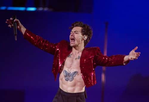 EDITORIAL USE ONLY: Harry Styles performs on stage during The BRIT Awards 2023 at The O2 Arena on February 11, 2023 in London, England.